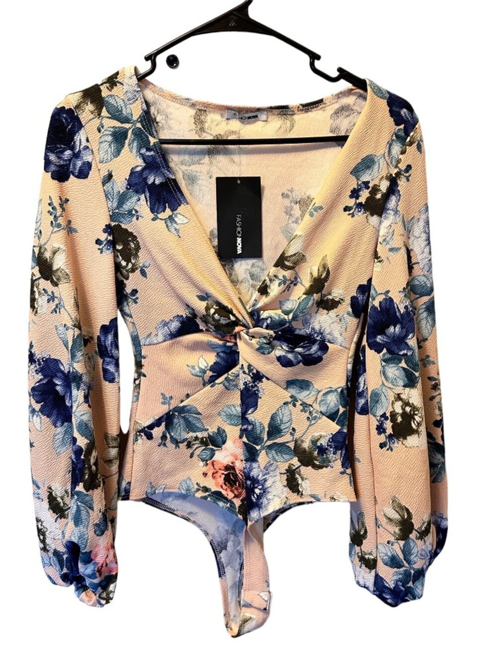 New Fashion Nova Twist N Tied Bodysuit Floral Print Blush Long Sleeve Size M